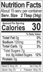Bone Suckin' Sauce Sweet Southern Thick Nutrition Panel. About 15 Servings per container. Serving Size 2 Tbsp. (34g). Calories: 30. Total Fat: 0g 0%. Sodium 120mg 5%. Total Carb.: 7g 3%. Total Sugars 7g, Including 6g Added Sugars 12%. Protein: 0g. Vitamin D: 0mcg 0%. Iron: 0.1mg 0%. Calcium: 0mg 0%. Potassium: 30mg 0%.